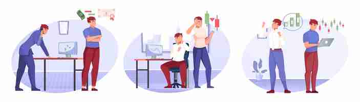 Free vector stock market isolated compositions set with brokers traders clients and businessmen investing in stocks flat illustration