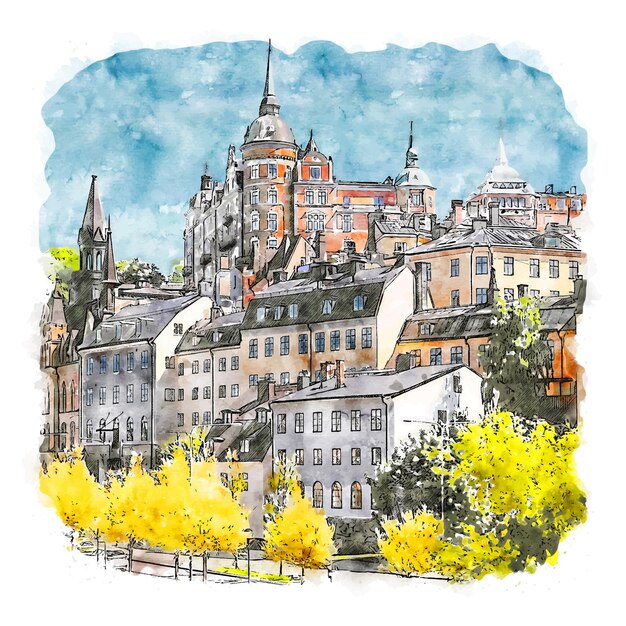 ストックホルム市の建物 観光 ランドマークをスウェーデンのシンボルセット スウェーデン人のイラスト スカンジナビアの文化 北欧の船 地図と旗 旅行のお土産 プレミアムベクター