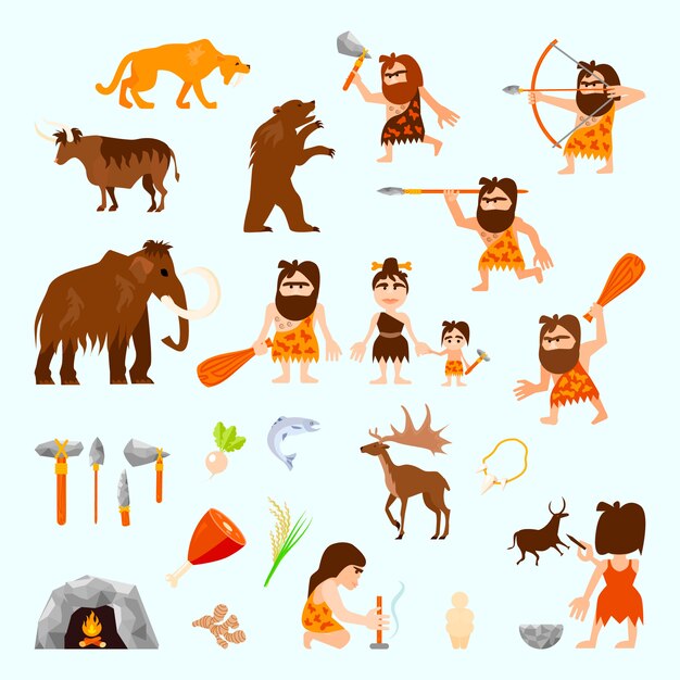 Stone age flat icons set with caveman animals tools 