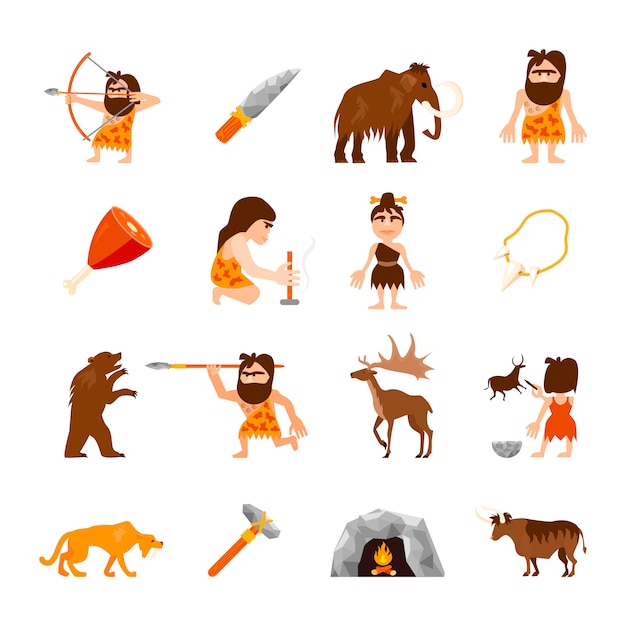 Free vector stone age icons set of caveman animals bonfire weapons meat and charm isolated vector illustration