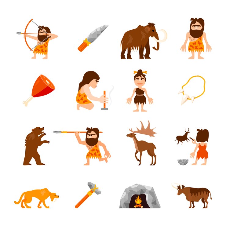 Free Vector stone age icons set of caveman animals bonfire weapons meat and charm isolated vector illustration