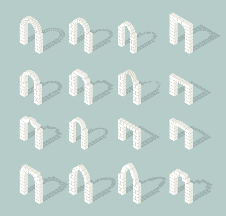 Free Vector stone architectural isometric 3d arch icons set. exterior ancient, entrance door.