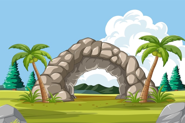 Free vector stone archway in tropical landscape