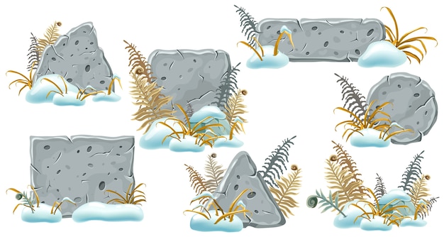 Free vector stone boards with snowdrifts, grass and fern.