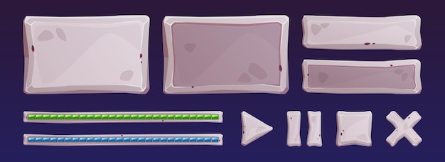 무료 벡터 스톤 게임 사용자 인터페이스 자산 gui 디자인을 위한 록 플레이트 및 버튼의 만화 벡터 그림 세트 메뉴 점수 수준 및 푸시버튼을 위한 돌 질감이 있는 직사각형 배너 및 태블릿