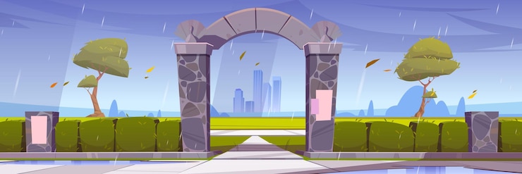 Free Vector stone gates, entrance to city garden or park area