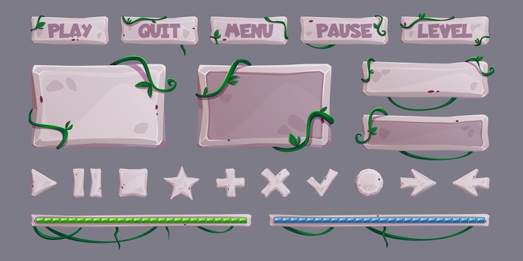 Free Vector stone gui elements with jungle vines and leaves cartoon game user interface design buttons score level bar menu sign plates and empty frames and boards for text with rock texture and lianas