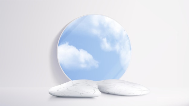 Free vector stone product podium mockup with clouds on sky