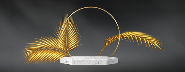 Stone product podium with gold frame palm leaves