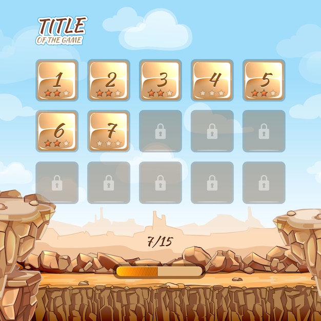 Free vector stone and rocks desert game with user interface ui in cartoon style. virtual reality, adventure play