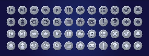 Free vector stone texture buttons for game or app interface menu ui design elements set user key arrow gear pause and notification bell replay zoom settings message home page question star vector icons