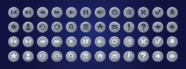 Stone texture buttons for game or app interface menu ui design elements set user key arrow gear pause and notification bell replay zoom settings message home page question star vector icons