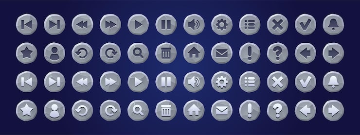 Free Vector stone texture buttons for game or app interface menu ui design elements set user key arrow gear pause and notification bell replay zoom settings message home page question star vector icons