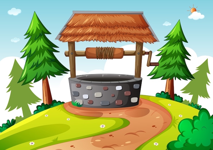 Free Vector stone well in nature scene cartoon style