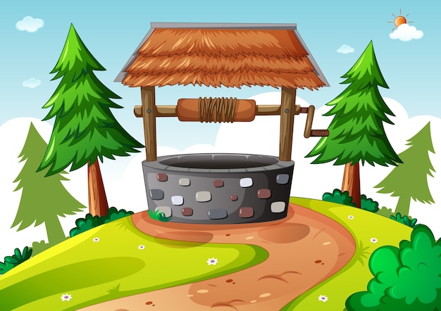 Stone well in nature scene cartoon style