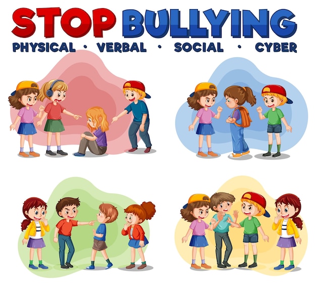 Free vector stop bullying text with cartoon character