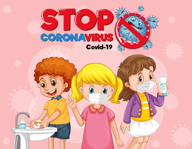 Stop Coronavirus banner design with kids wearing medical mask