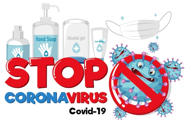 Остановить дизайн шрифта coronavirus с дезинфицирующими средствами на белом фоне