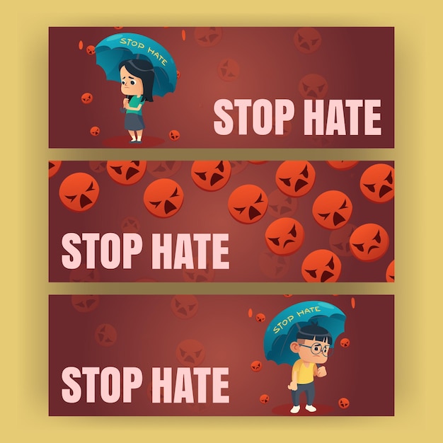 Free vector stop hate cartoon banners support asian community