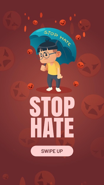 無料ベクター 傘を持つアジアの少年と憎しみのポスターを停止します