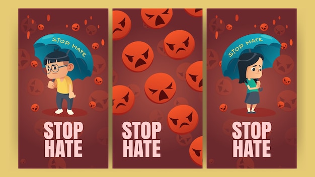 아시아에서 온 슬픈 소녀와 소년의 만화 삽화를 통해 인종차별과 증오에 항의하는 벡터 수직 배너 우산 아래 아시아 아이들이 있는 혐오 포스터와 떨어지는 빨간색 화난 이모티콘