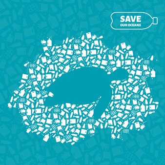 Stop ocean plastic pollution concept vector illustration turtle marine reptile silhouette cut in