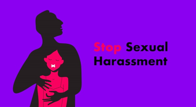 Stop sexual harassment  illustration. frightened girl suffering from aggressive behavior.  rape victim. me too teg.