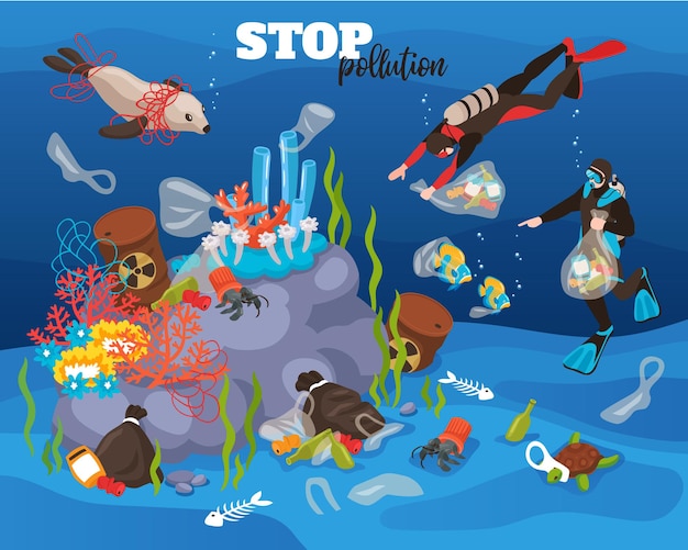 Stop water pollution underwater illustration with divers cleaning small trash from ocean bottom