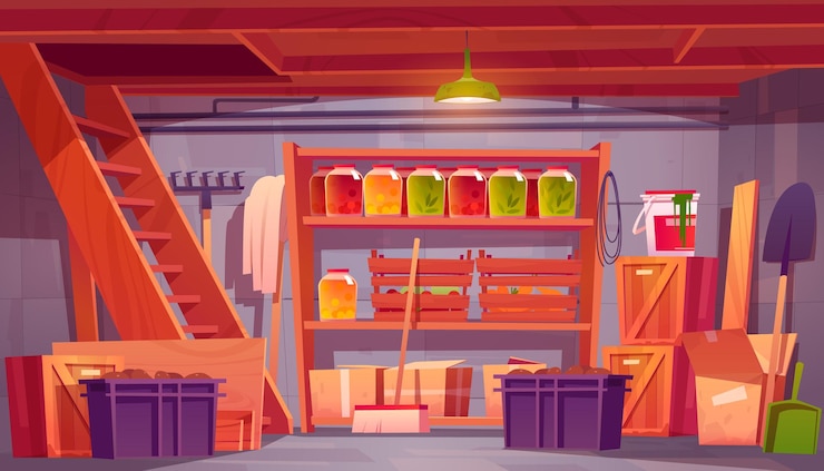 Free Vector storage room in house basement with food preserves on shelves garden tools and boxes  cartoon interior of storeroom in home cellar with wooden stairs and crates with vegetables illustration
