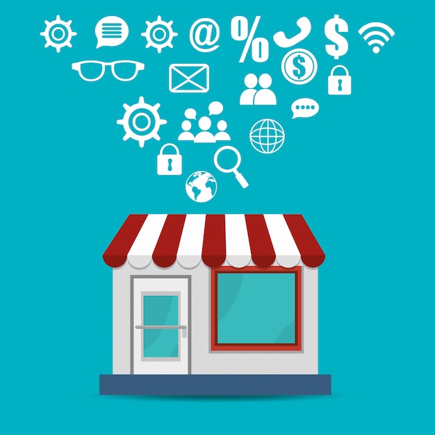 store building with electronic commerce icons