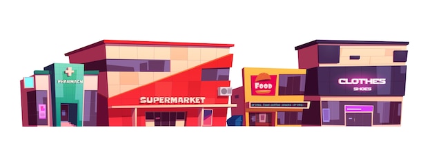 店舗の建物、洋服店、スーパーマーケット、ファーストフードコート、薬局のファサード。近代的な都市建築の外観、白い背景で隔離の市場の正面図、漫画イラスト