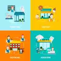 Free vector store buildings flat elements composition set with sweet fashion general shop mall vector illustration