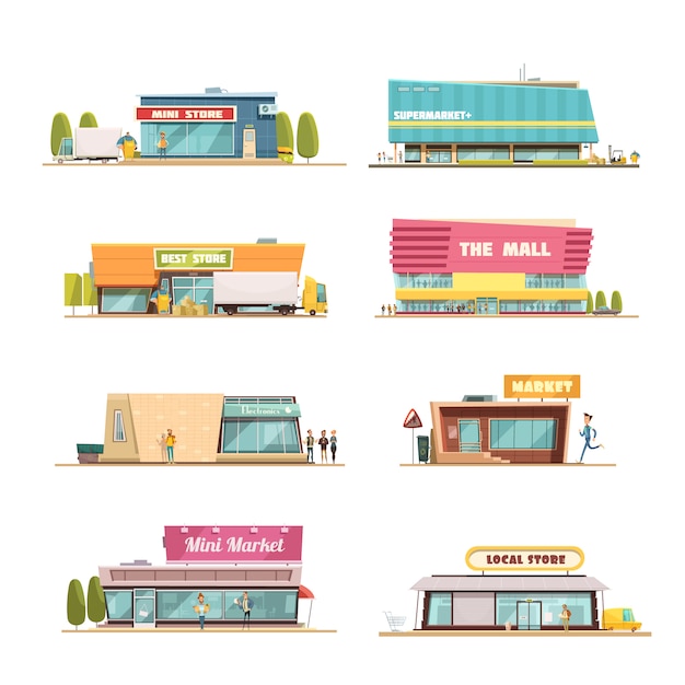 Store buildings set with mall and local shop symbols cartoon isolated vector illustration