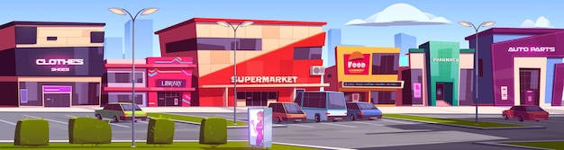Store buildings, shopping area with parking scene illustration
