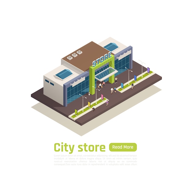 Store mall shopping center isometric composition banner with city store headline and green read more button vector illustration