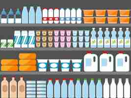 Free vector store shelves with milk and dairy products illustration