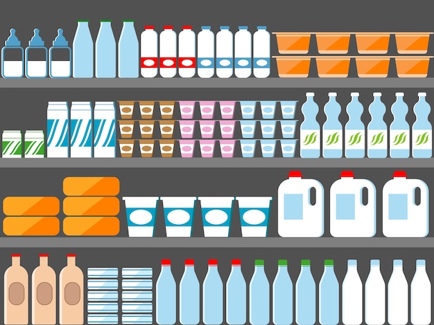 Store shelves with milk and dairy products illustration