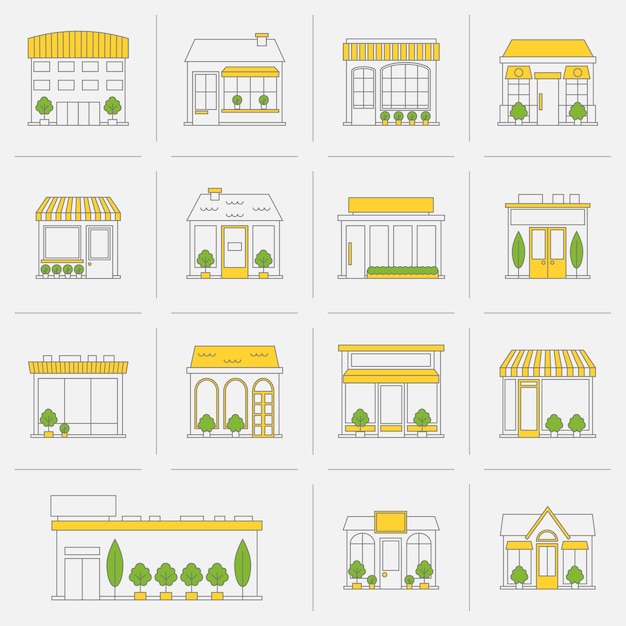 Магазин магазин бизнес-зданий плоской линии значок набор изолированных векторной иллюстрации