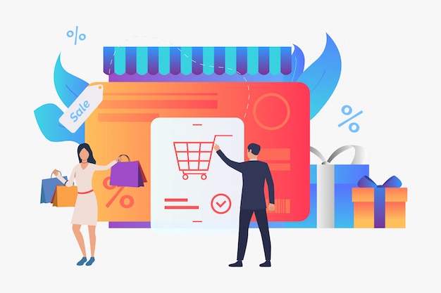 Store with credit card, gift boxes, buyers illustration