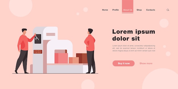 Free vector storehouse employee operating conveyor machine landing page in flat style