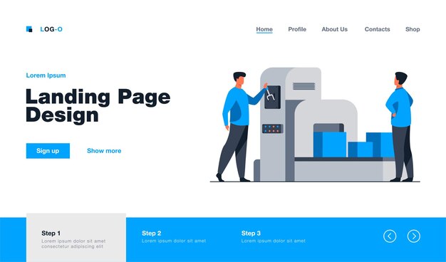 Storehouse employee operating conveyor machine landing page template