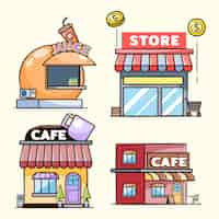 Free vector stores and shops facades icon set with fruit juice shop store coffee shop flat vector illustration