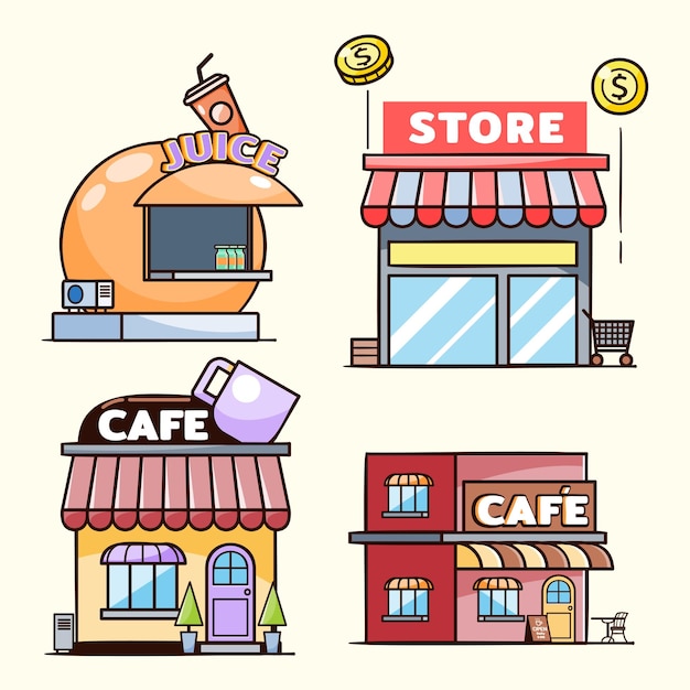 Набор иконок фасадов магазинов и магазинов с магазином фруктовых соков, магазином, кофейней, плоской векторной иллюстрацией