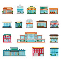 免费矢量商店和超市或大或小的建筑图标集