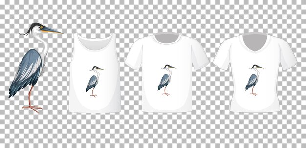 Stork bird in stand position cartoon character with many types of shirts on transparent