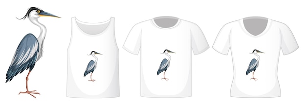 Stork bird in stand position cartoon character with many types of shirts on white