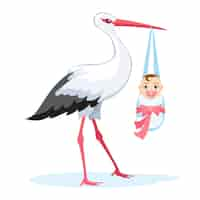 Free vector stork carrying in baby in bundle isolated on white.