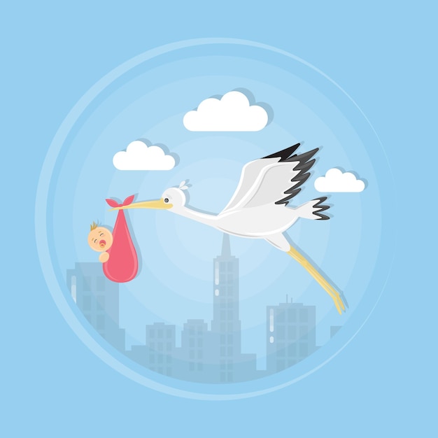 Stork with baby girl beautiful flying bird with pink baby girl