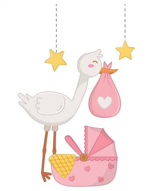 ゆりかごイラスト付きコウノトリ プレミアムベクター