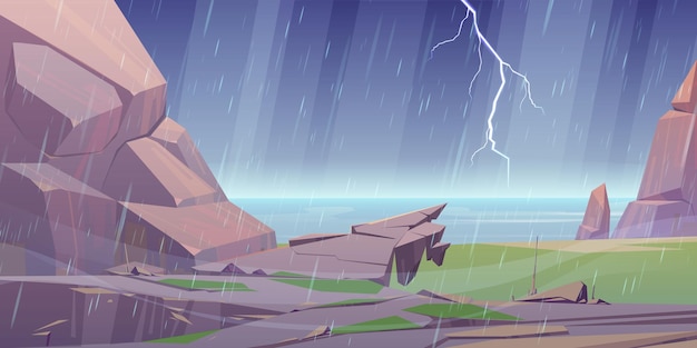 Free vector storm on ocean rocky shore rain shower lightning